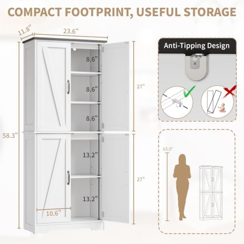 59" H Storage Cabinet, Kitchen Farmhouse Pantry Cabinet with 4 Doors, White - Image 2