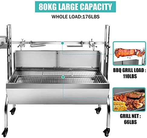 48.6" Electric Rotisserie Grill, Pig Lamb Spit Roaster Stand - 176 Lbs Capacity, Adjustable Height, BBQ Charcoal Rotisserie Grill Kit - Stainless Steel For Outdoor Party Camping - Image 3