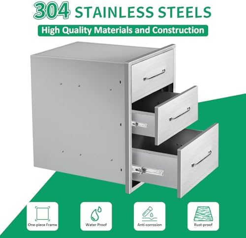 Outdoor Kitchen Drawers 14" W x 21" H x 21" D Stainless Steel Triple Drawers with Ergonomic Handle for BBQ Island, Patio Grill Station & Outdoor Kitchen Cabinets - Image 3