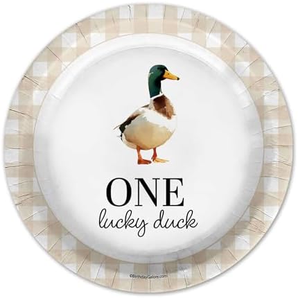 One Lucky Duck First Birthday - 32 Piece Disposable Party Supplies - Decorations for Beige Gingham 1st Birthday Round Party Plates - Large 9" Paper Plates In Bulk - Image 6