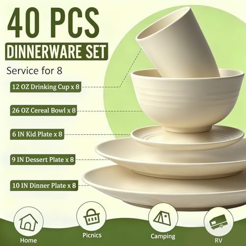 Dinnerware Sets 40 PCS Wheat Straw Plates and Bowls Sets With Cups Service for 8 Microwave Safe Dishes for Kitchen Lightweight Dish Set for RV Outdoor Activities Travel - Beige Colors - Image 2