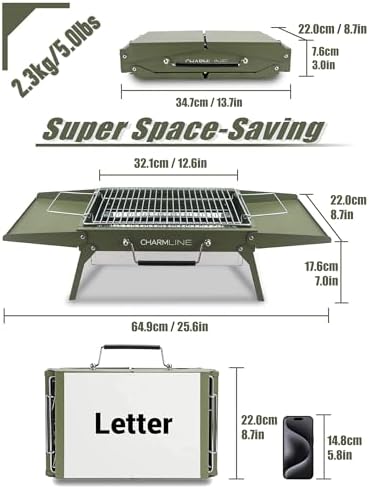 Charmline 14 x 9 inches Small Portable Charcoal BBQ Grill, Foldable Compact Camping Barbecue for 1–3 People, Ideal for Camping, Tailgating, Beach, Picnic & Tabletop Use, Green - Image 2