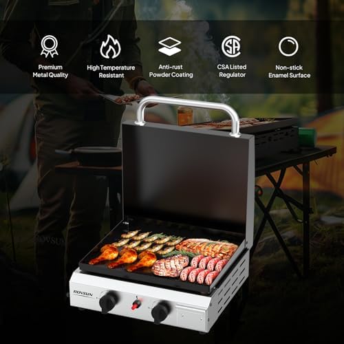 ROVSUN 2 Burner Portable Propane Griddle with Electronic Ignition & Regulator, 20,000 BTU Tabletop Flat Top Gas Grill with Enameled Tray & Lid for Outdoor Cooking Camping BBQ Tailgating Picnicking - Image 5