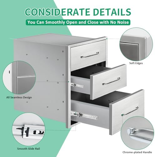 Outdoor Kitchen Drawers 16" W x 21" H x 23" D Stainless Steel Triple Drawers with Ergonomic Handle for BBQ Island, Patio Grill Station & Outdoor Kitchen Cabinets - Image 4