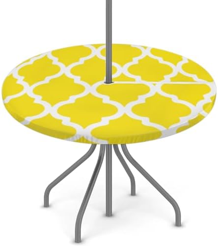 Fitted Round Tablecloth with Umbrella Hole and Zipper Yellow Moroccan Outdoor Elastic Table Cloth 36"-44" Oil-Proof Waterproof Morocco Geometric Patio Table Cover for Dining Picnic Party by GzLeyigouHomeKitchen