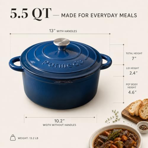 Parmedu 5.5QT Enameled Cast Iron Dutch Oven for Sourdough Bread Indigo Blue - Image 4