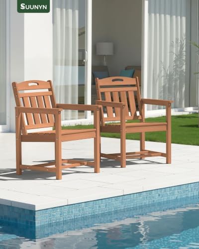 Set of 2 Weatherproof Patio Chairs - HDPE Outdoor Dining Chairs with Wide Seat, Ergonomic Design - for Garden, Backyard, Deck - Teak - Image 2