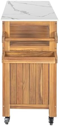 Christopher Knight Home Shina Outdoor Bar Cart with Marble-Effect Top and Lockable Wheels, Acacia Wood Outdoor Storage Cabinet with Three-Tier Slatted Shelves, Kitchen Island Serving Cart, Natural - Image 7
