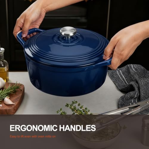 Overmont Enameled Cast Iron Dutch Oven - 5.5QT Pot with Lid Cookbook & Cotton Potholders - Heavy-Duty Cookware for Braising, Stews, Roasting, Bread Baking Midnight Sapphire - Image 3