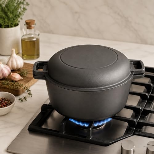 Cast Iron 5 Quart Double Dutch Oven-2-in-1 Pre-Seasoned Pot & Skillet Combo - Image 7