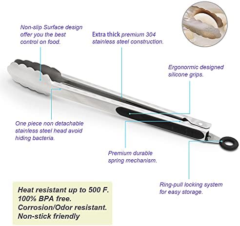 304 Stainless Steel Kitchen Cooking Tongs, 9" and 12" Set of 2 Sturdy Grilling Barbeque Brushed Locking Food Tongs with Ergonomic Grip, Black - Image 5