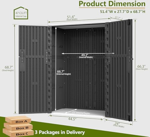 ZZM 57 Cu.ft Outdoor Storage Shed with Floor HDPE Double-Wall Resin Sheds Outdoor Storage, Lockable Weatherproof Storage Cabinet Fit for Garden Tools, Garage can, Bike, Patio Furniture, Black - Image 3