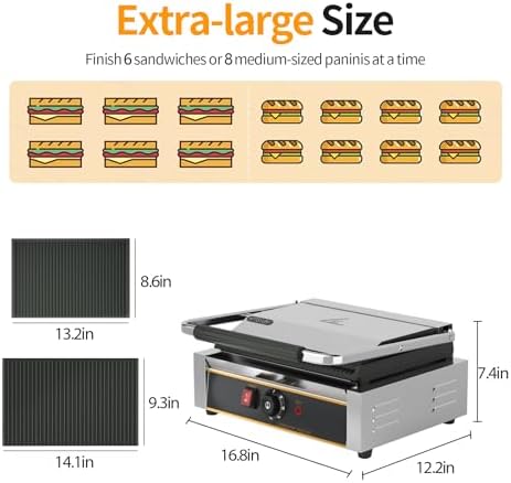 Commercial Panini Press - 2200W Commercial Panini Press Grill w/ 14"x9" Cooking Pan & Adjustable Temp, Commercial Sandwich Press w/Nonstick Coating, Removable Drip Tray, Double-sided Heating - Image 2