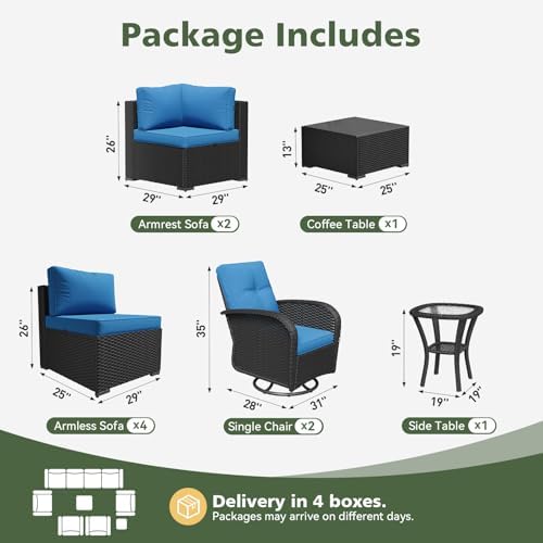 Aoxun 10 Piece Outdoor Patio Furniture Set with Coffee Table, Wicker Rattan Outdoor Furniture with High Back Swivel Rocker Chairs, Outdoor Conversation Set with Thick Cushion & Ottoman, Peacock Blue - Image 2