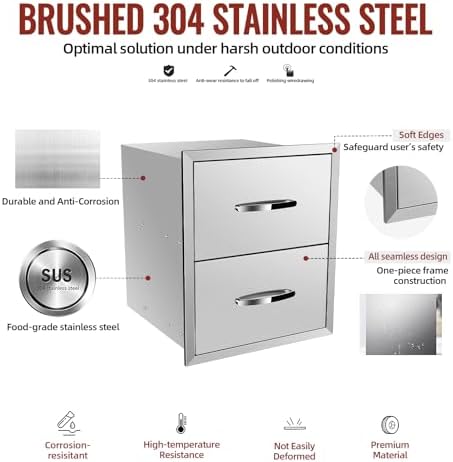 Outdoor Kitchen Drawers, BBQ Drawers for Outdoor Grill Station, 18''W x 23''H Stainless Steel Built-in Cabinet with Handle, Weatherproof and Durable Storage for BBQ Accessories and Trash - Image 3
