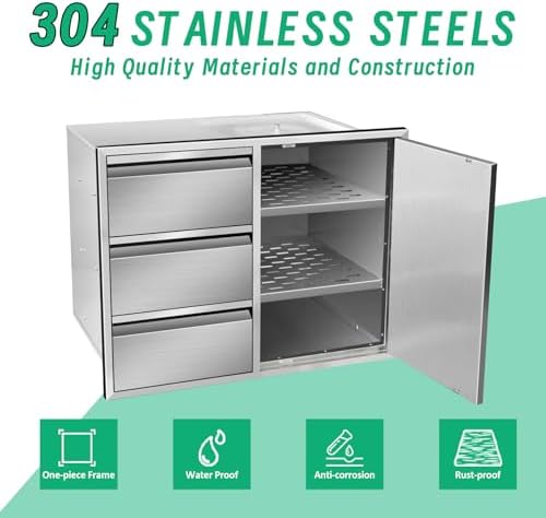 Outdoor Kitchen Door Drawer Combo Cabinet, 28"x 22"x 19.5" Right Access Door Combo Cabinet & Built-in Triple Drawers for Patio Grill Station, Outdoor Kitchen Island (Drawer and Right Door Combo) - Image 3