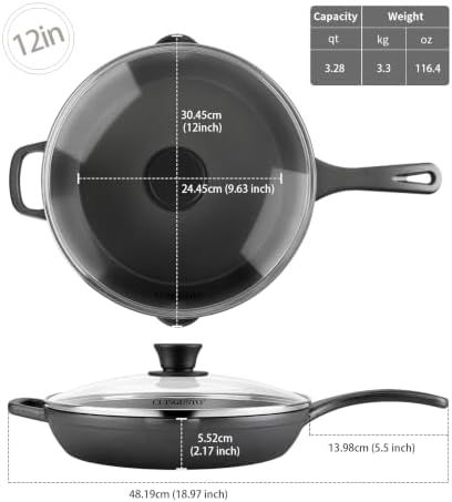 12 Inch Cast Iron Skillet with Glass Lid, Pre-Seasoned Frying Pan - Image 3