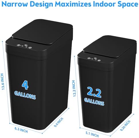 Bathroom Trash Can with Lid, 2 Pack 4 & 2.2 Gallon Automatic Touchless Garbage Can, Small Motion Sensor Smart Trash Can, Slim Waterproof Trash Bin for Bedroom, Bathroom, Office, Living Room (Black) - Image 3
