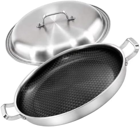 Yeksum 16 Inch 5-Ply Stainless Steel Paella Pan with Lid, Large Skillet by YEKSUM