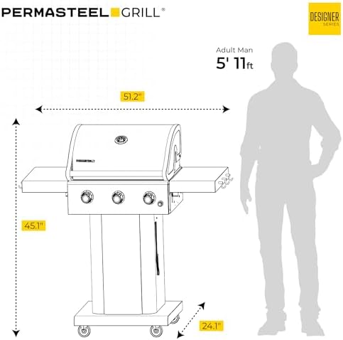 Permasteel 3-Burner Propane Gas Grill, 30,000 BTUs BBQ Grill with Cast Iron Grates, Foldable Side Tables & Tool Hooks, Outdoor Grill, Azure - Image 5