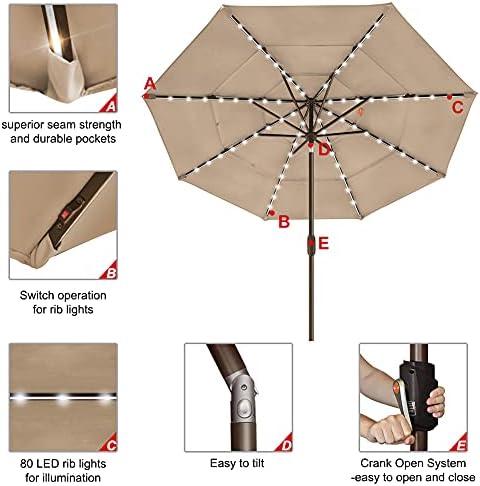 EliteShade USA 10-Year-Non-Fading 9ft 3-Tier Market Patio Umbrella, Commercial Table Umbrella with 80 Solar LED Lights, Crank Open, Windproof & UPF 50+ UV Protection for Garden, Deck, Pool, Backyard, Heather Beige - Image 5