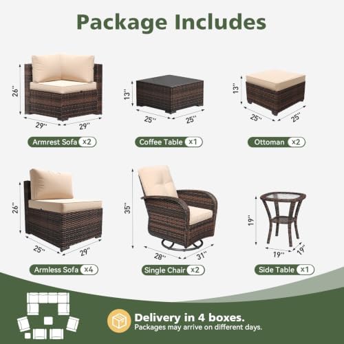 Aoxun 12 Piece Outdoor Patio Furniture Set with Coffee Table, Wicker Rattan Outdoor Furniture with High Back Swivel Rocker Chairs, Outdoor Conversation Set with Thick Cushion & Ottoman, Beige - Image 3