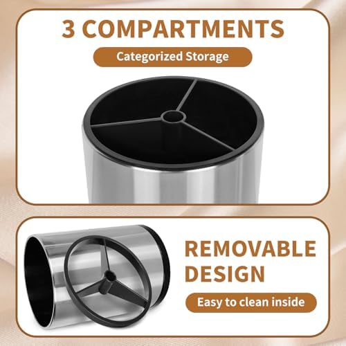 Nigelia Extra Large Kitchen Utensil Holder, 360° Rotating Stainless Steel Cooking Utensil Holder for Countertop, 3 Compartment Flatware Organizer & Cooking Caddy with Removable Base（Silvery） - Image 4