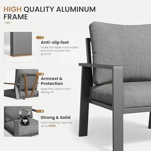 Aluminum Patio Conversation Sets All-Weather Sectional Outdoor Furniture Set with Coffee Table & Cushions with Removable Covers for for Backyard, Garden and Poolside Easy Assembly(Gray) - Image 4