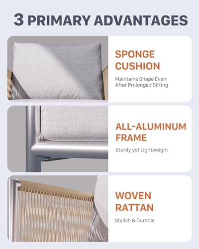 ZANDOR Aluminum Outdoor Patio Furniture 2 Pcs Armchair, All-Weather Metal Modern Outside Furniture with Washable Thick Cushion, HDPE Woven Rope Rattan Bistro Sofa Chair, Garden/Backyard/Porch, Silver - Image 3