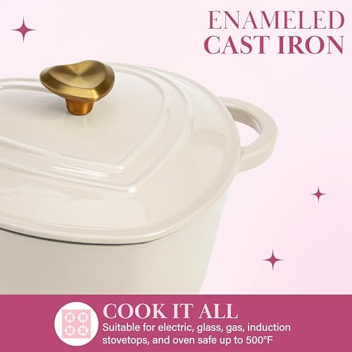 Paris Hilton Enameled Cast Iron Dutch Oven Pot with Lid, Heart-Shaped Dutch Oven, Durable Cast Iron Pot with Dual Handles, Oven Safe to 500°F, Works on All Stovetops, 2-Quart, Cream - Image 5