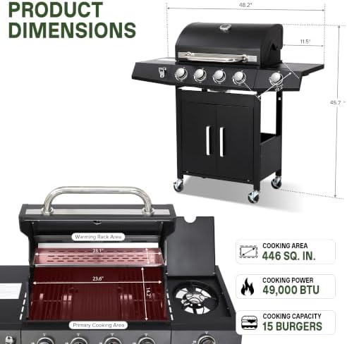 4-Burner Propane Gas Grill and Griddle Combo with Side Burner - Image 2