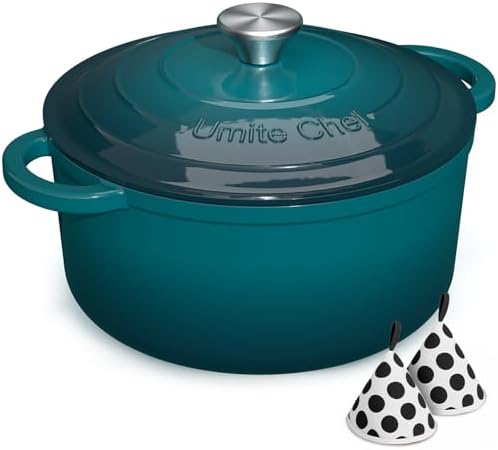 Umite Chef 7QT Enameled Cast Iron Dutch Oven with Lid & Cotton Potholders–Heavy-Duty Cookware for Bread Baking, Braising, Stews, Marinate, Cook(Emerald) by UmiteChef