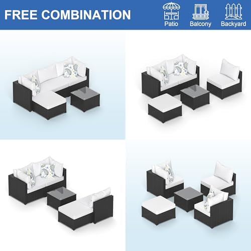 Patio Furniture Set, 5PCS Outdoor Sectional with Ottoman Wicker Rattan Patio Couch with Thickened Cushion Modular Wicker Patio Conversation Set with Glass Top Table for Balcony, Backyard (White) - Image 6