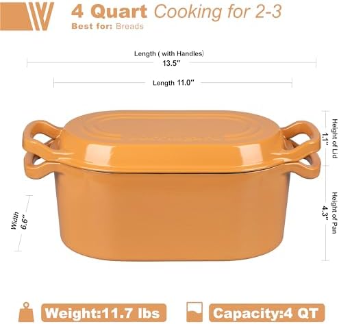VORRINGARD Oval Dutch Oven Pot with Lid, Enamel Coating Cast Iron Bread Pans for Homemade Sourdough Bread Baking, Cooking, 4 Quart, Yellow - Image 2