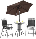 Outsunny 4 Piece Outdoor Patio Dining Furniture Set, 2 Folding Chairs, Adjustable Angle Umbrella, Wave Textured Tempered Glass Dinner Table, Black by Outsunny