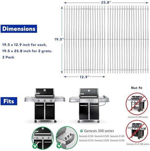 Uniflasy 304 Stainless Steel Grill Grates for Weber Genesis 300 (2007-2016) - Image 2