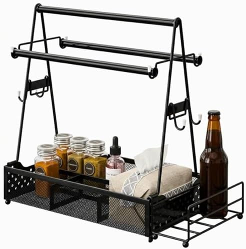 Grill caddy, BBQ Caddy Organizer with Paper Towel Holder, Black Metal Grill Accessory Rack, Kitchen Condiment Storage Basket with Utensil Holder by Unknown