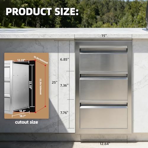 Outdoor Kitchen Drawers 15" x 25" x 18.7" Stainless Steel Triple Drawer Cabinet, Flush Mount Modular Storage for BBQ Islands & Patios - Image 4