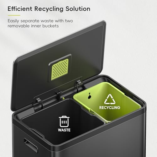 EKO EcoCasa II 36L+24L Dual Trash Can with Recycle Bin, Stainless Steel Garbage Can with Lid, Deodorizer Compartment, Odor-Proof and Fingerprint Resistant, Matte Black - Image 3