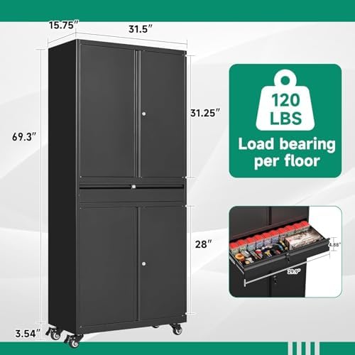 Letaya Metal Garage Storage Cabinet with Wheels,Rolling Tool Cabinet with 4 Door Lock-Adjustable Shelves and 1 Drawer for Garage Home Office Utility Room (Black with Wheels) - Image 3
