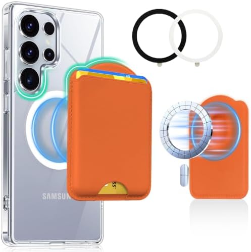 Magnetic Wallet for Samsung Galaxy S26 S25 S24 Series, Fold 8 Ultra with Magsafe Case, for iPhone 18-12 Series, RFID Blocking Leather Magnetic Card Holder | Holds 3 Cards | Orange by Unknown