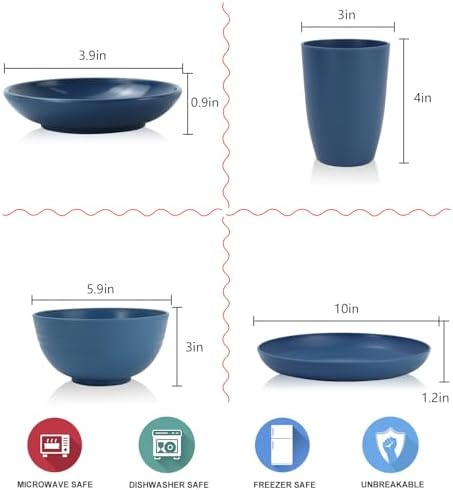 Wrova Wheat straw plates and bowls sets of 16 - Unbreakable wheat straw dinnerware sets for camping - Alternative plastic dinnerware set service for 4 - Microwave safe and Dishwasher safe bowls. Blue - Image 2