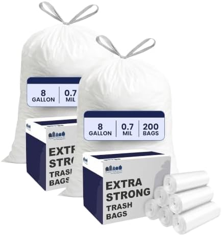 Plasticplace 8 Gallon Trash Bags -White Drawstring Garbage Can Liners - Leak-Resistant and Tear-Proof for Kitchen, Bathroom, Office, and Small Trash Cans 0.7 Mil- 200 Count (Pack of 2) by Plasticplace