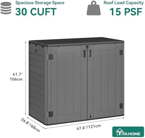 YITAHOME Outdoor Storage Shed w/o Shelf, 30 cu ft Horizontal Storage Shed Outdoor, Resin Waterproof Storage Cabinet for Garage, Poolside, Bikes, and Garden (Dark Gray + Black) - Image 5
