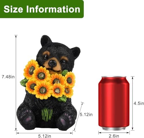 Solar Garden Lights Outdoor Statues Black Bear with Sunflowers - Image 2