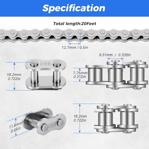 428 Roller Chain 20 Feet 478 Links, 08B Simplex Roller Chain for Chain Driven Sliding Gate Garage Openers, Extension 08B Metric Standard 428#, Includes Chain Breaker and 12 Connecting Links - Image 3