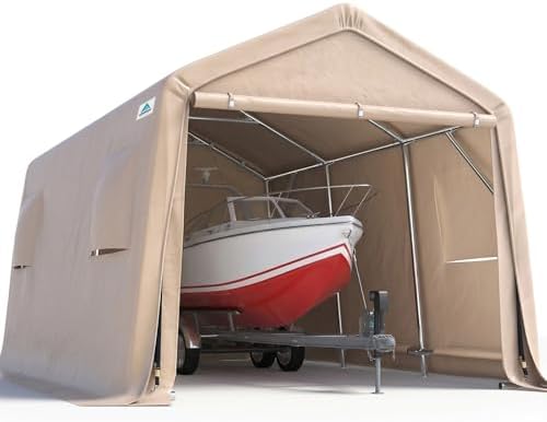 ADVANCE OUTDOOR 10X15 ft Garage Shelter Steel Metal Peak Roof Portable Storage Shed Carports for Motorcycle Boat, or Garden Tools with 2 Roll up Doors & Vents, Beige by ADVANCEOUTDOOR