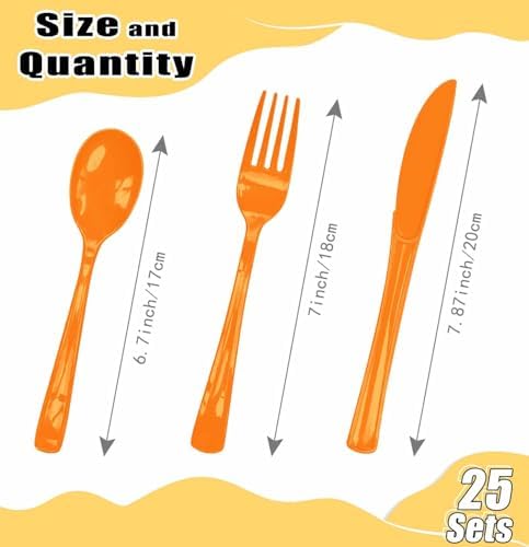 HEIPINIUYE 75 Pack Orange Plastic Cutlery Heavy Duty Fall Plastic Knives Forks and Spoons Disposable Silverware Set for 25 Guest Birthday Baby Shower Thanksgiving Party Cutlery Set - Image 3