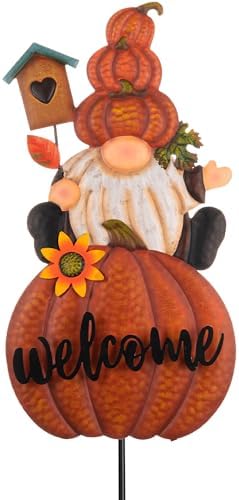 TERESA'S COLLECTIONS Fall Outdoor Decor, Gnomes Decorations for Yard, Metal Pumpkin Fall Garden Decorations, Welcome Signs Stakes, Thanksgiving Orange Autumn Decor for Lawn Patio, 16" by TERESASCOLLECTIONS