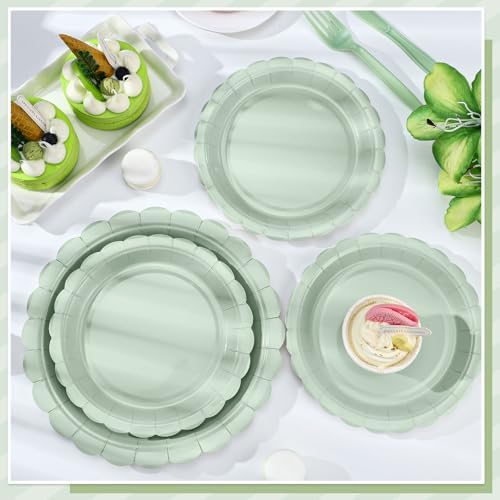 NatNarr 30 Pcs Dessert Plates Disposable, 7 Inch Scalloped Sage Green Birthday Cake Plates Small Appetizer Paper Plate for Baby Bridal Shower, Wedding (Pack of 3) - Image 4